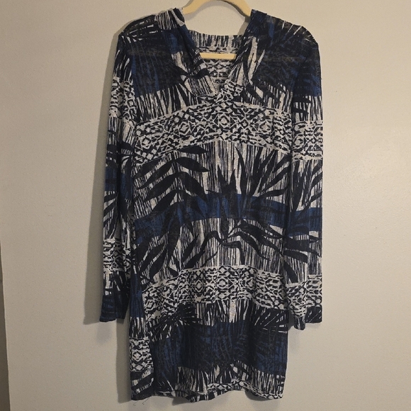 Blue and White Swim Coverup with Long Sleeves - Picture 1 of 8
